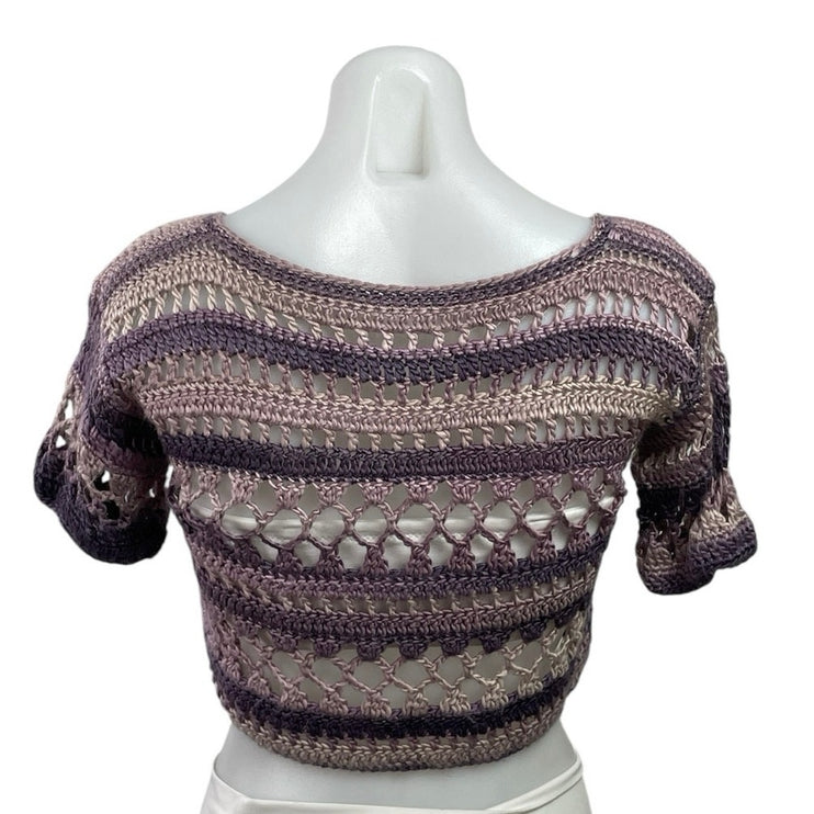 Women's Purple Short Sleeve Crochet Open Knit Boat Neck Boho Crop Top Size S