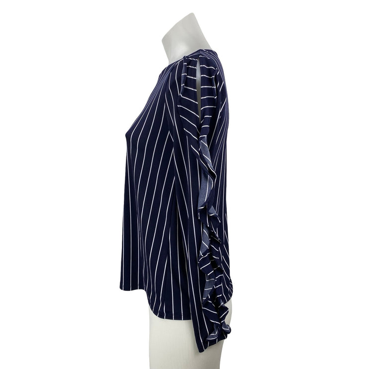 Banana Republic Women's Navy Blue Striped Ruffle Long Sleeve Blouse Top Size XS