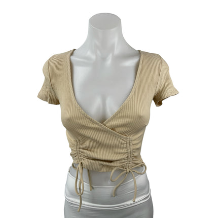 Princess Polly Carmend Beige Ribbed Ruched V Neck Suplice Wrap Crop Blouse Top 0