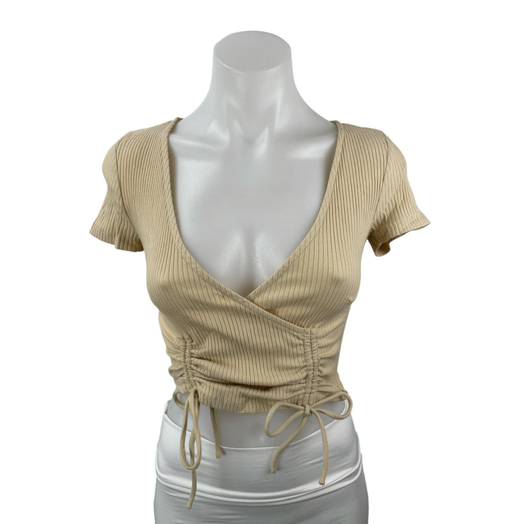 Princess Polly Carmend Beige Ribbed Ruched V Neck Suplice Wrap Crop Blouse Top 0