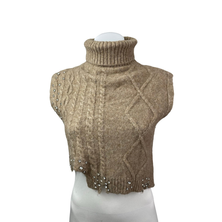 Zara Jewel Womens Wool Rhinestone Sleeveless Turtle Neck Crop Sweater Vest Top S
