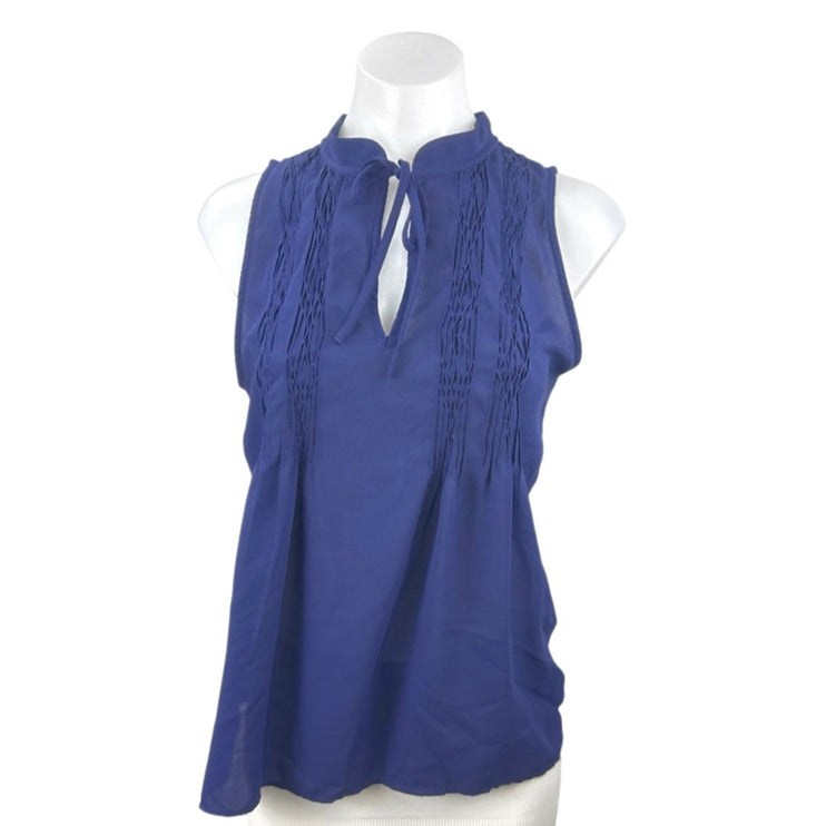 Loft Shirred Mixed Media Shell Womens Blue Sleeveless Tie Neck Tank Blouse Top M
