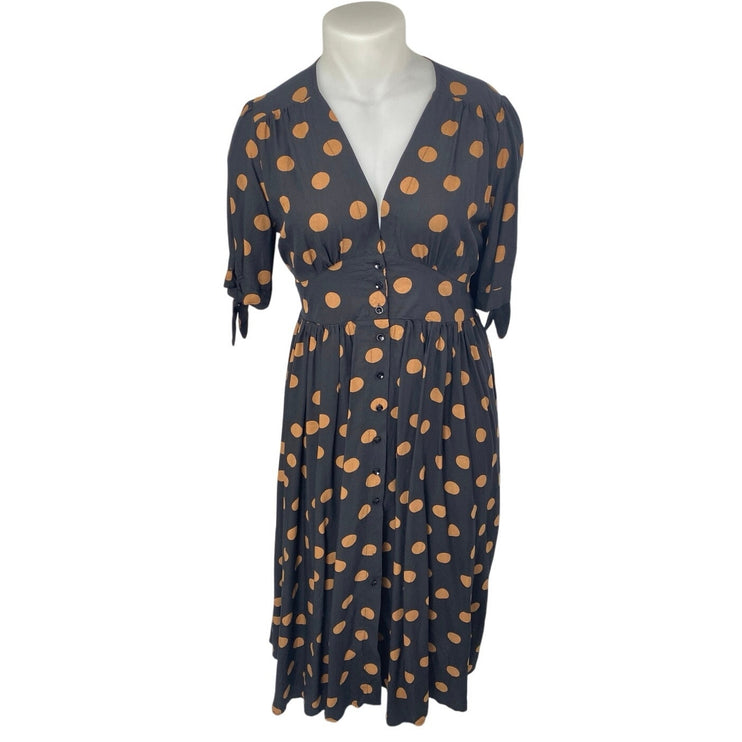 NEW Vine Apparel Lili Black Tan Polka Dot Short Sleeve Fit & Flare Maxi Dress 18