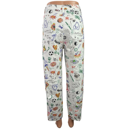 Colin LoCascio Jenni Dear Diary Doodle Palazzo Wide Straight Denim Jean Pants M