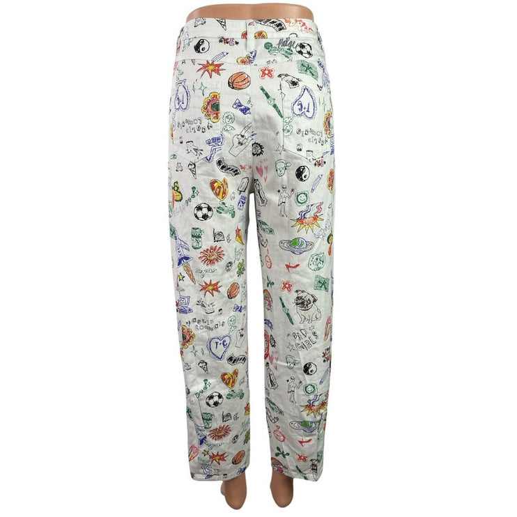 Colin LoCascio Jenni Dear Diary Doodle Palazzo Wide Straight Denim Jean Pants M
