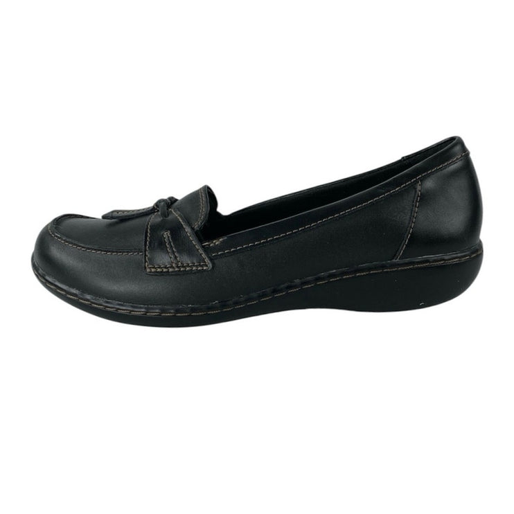 Clarks Ashland Women's Black Slip On Leather Loafer Bubble Flat Shoes Size 9.5