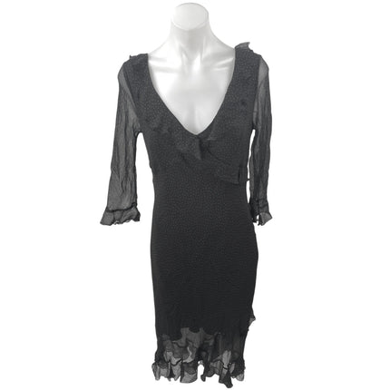 Jonathan Martin 100% Silk Black Polka Dot Ruffle V-neck Midi Bodycon Dress Sz 10