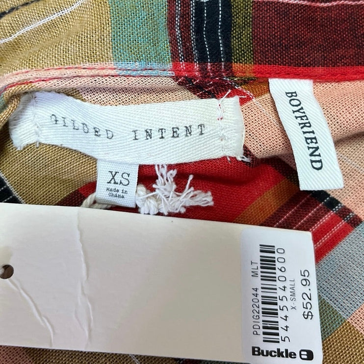 NEW Gilded Intent Multicolor Check Plaid Flannel Button Crop Shirt Blouse Top XS