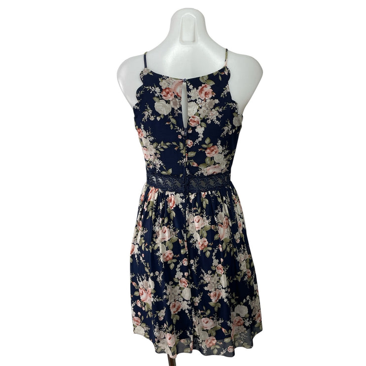 By & By Blue Floral High Neck Sleeveless Lace Fit & Flare Mini Dress Size 5