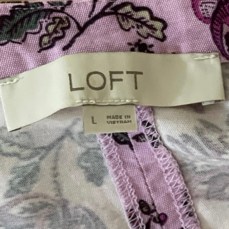 Ann Taylor LOFT Purple Floral Long Puff Sleeve V Neck A Line Mini Dress Size L