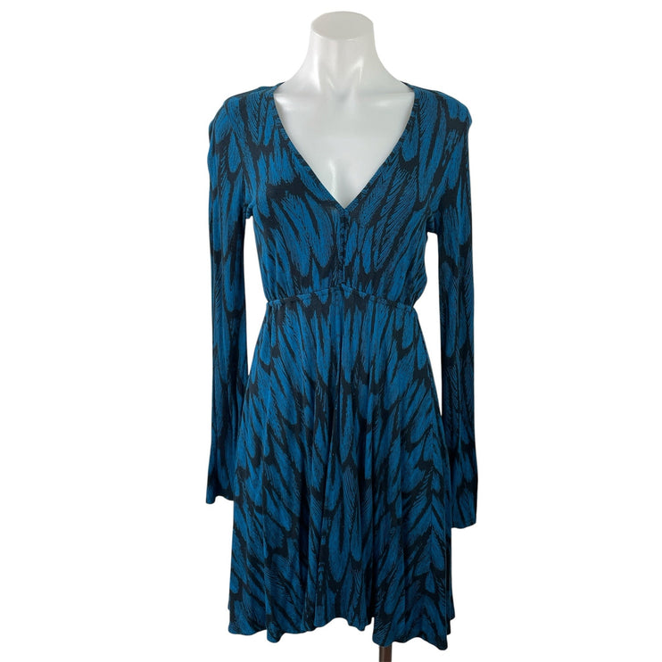 EXPRESS Women's Blue Black Long Sleeves Plunge V-neck Mini Fit & Flare Dress XS
