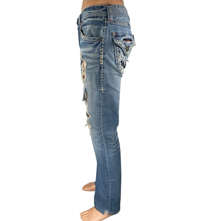Affliction Buckle Blake Men's Blue Distressed Slim Straight Denim Jeans Size 30L