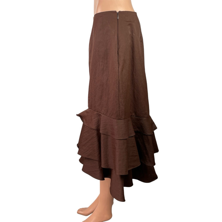 Samuel Dong Women's Brown Mid Waist Ruffle Asymmetric Tiered Midi Skirt Size M