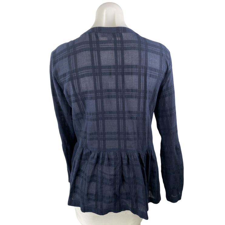 Ann Taylor LOFT Blue Plaid Check Crewneck Bell Sleeve Tunic Peplum Blouse Top XS