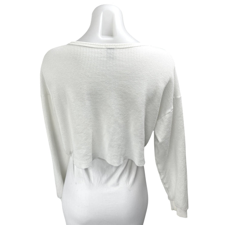 Princess Polly White Waffle Knit Long Sleeve Henley Cropped Sweater Top Size 6