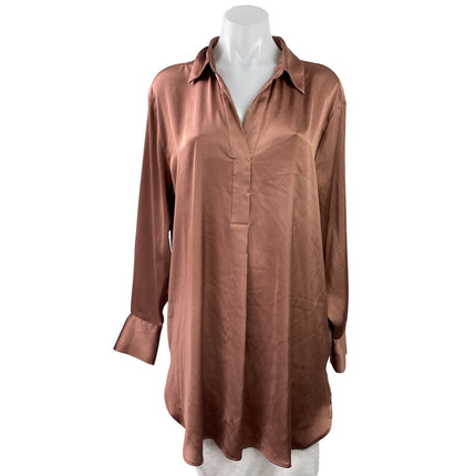 H&M Womens Brown Silky Satin Collared Long Sleeve Oversized Tunic Shirt Top Sz S