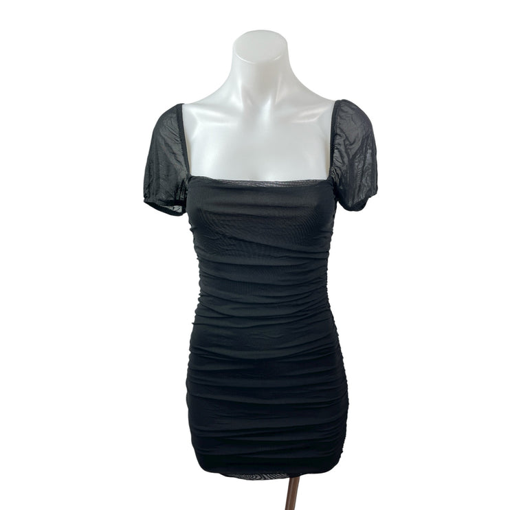 Princess Polly Black Short Puff Sleeve Mesh Square Neck Ruched Bodycon Dress S