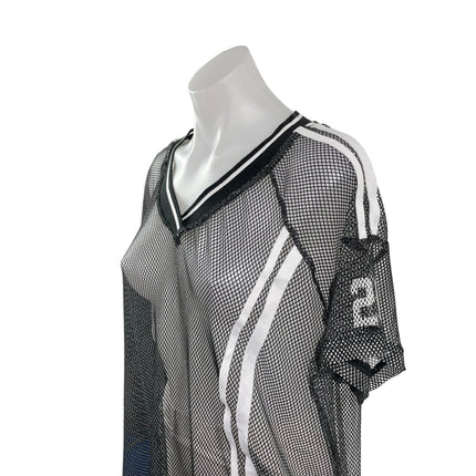 Women's Oversized Black Mesh Sheer Net V Neck Short Sleeve Sporty T-Shirt Top S