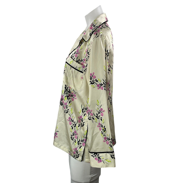 Zara Women's Cream Silk Satin Floral Long Sleeve Button Down Shirt Pajama Size S