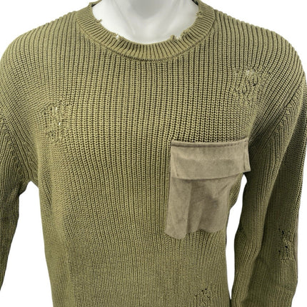 Ser.O.Ya Mens Army Green Distressed Crewneck Long Sleeve Pocket Sweater Top Sz L