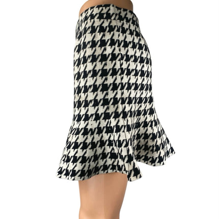 Shein Black White Houndstooth Ruffle Knit Pull On Mini A-Line Pencil Skirt Sz L