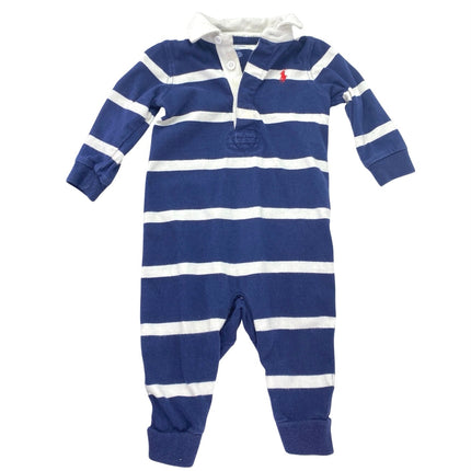 Polo Ralph Lauren Rugby Baby Blue Striped Cotton Long Sleeve Coverall Onesie 6M