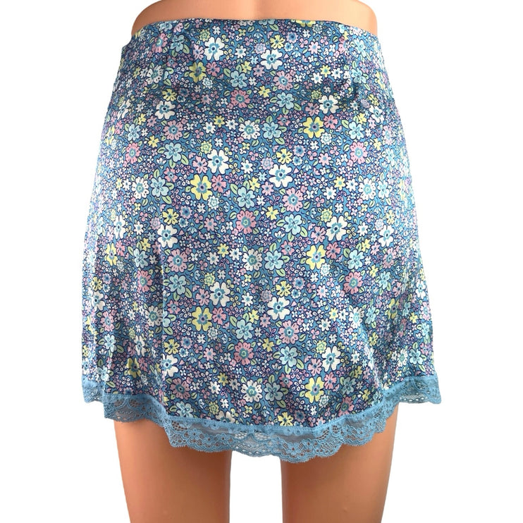 Frankies Bikinis Blue Lace Silk Satin Floral Print Mini Casual Pencil Skirt XS