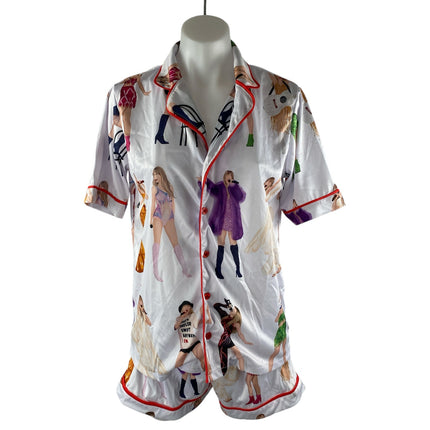 Taylor Swift Eras Tour Satin Button Down Short Sleeve Pajama Sleepwear Set Sz S