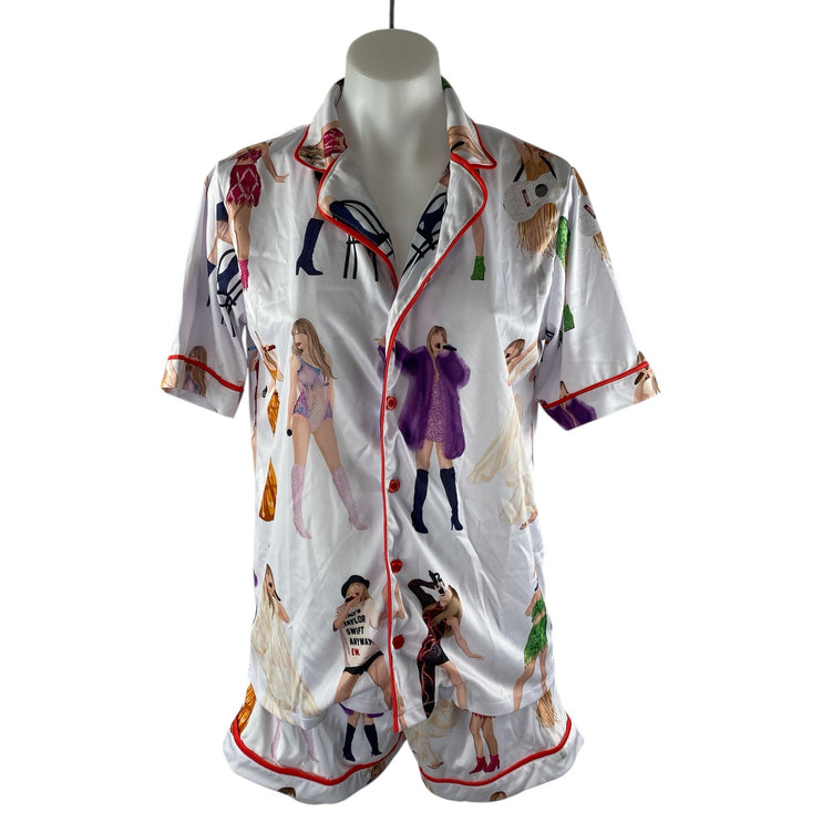 Taylor Swift Eras Tour Satin Button Down Short Sleeve Pajama Sleepwear Set Sz S