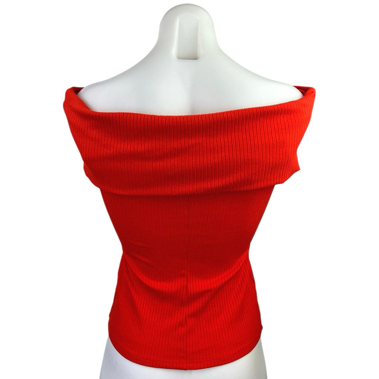 A New Day Red Ribbed Stretch Knit Short Sleeve Off the Shoulder Top Blouse XS