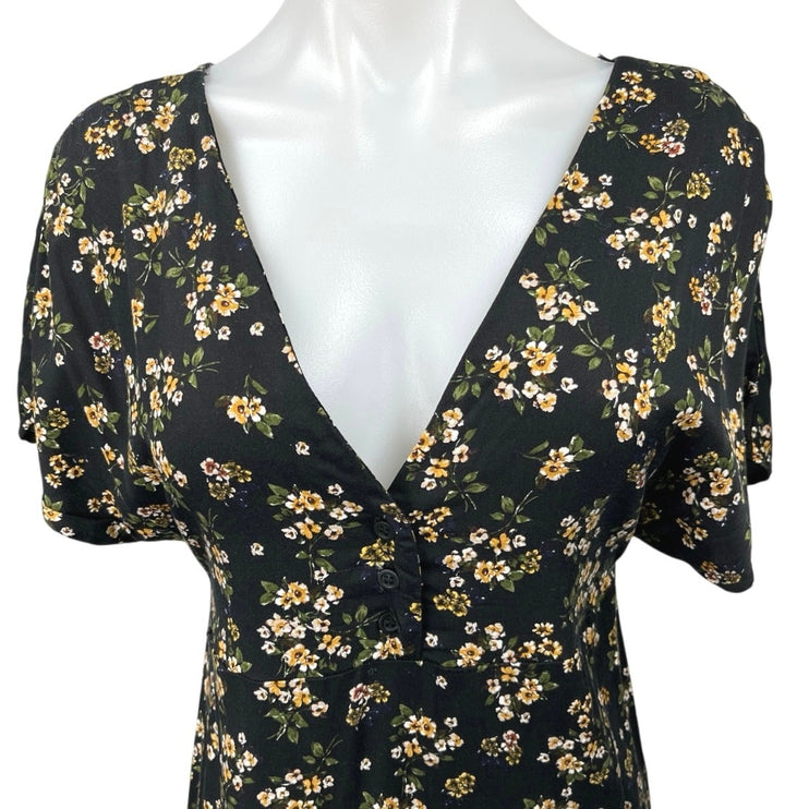 Pull Women's Black Yellow Peasant Floral Deep V Button Front Maxi Dress Size S