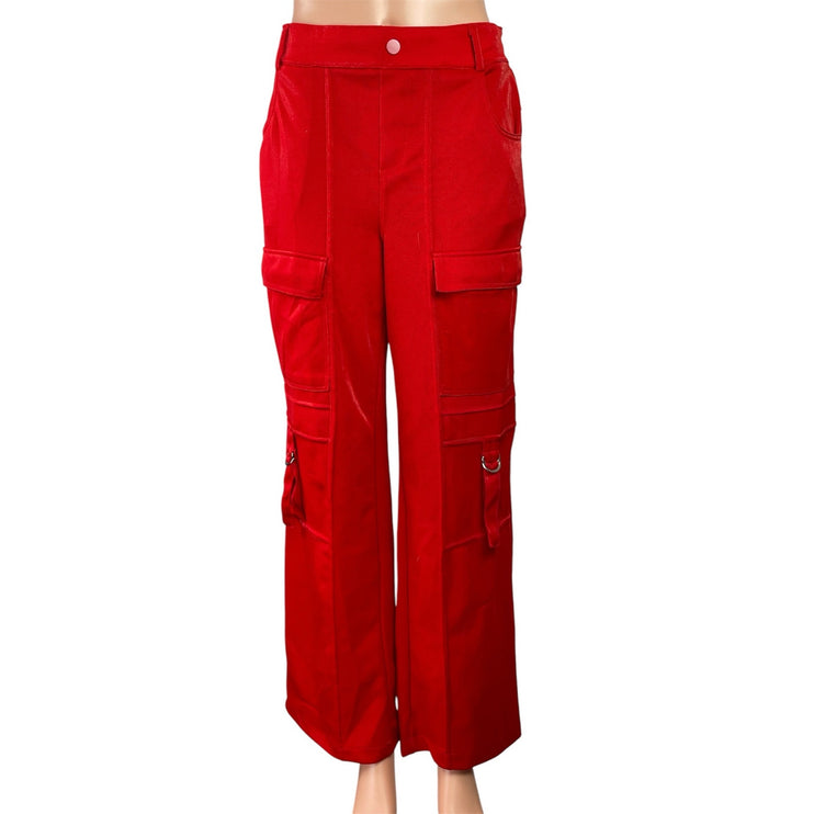 Forever 21 Women's Red High Waisted Stright Wide Leg Trousers Cargo Pants Size M