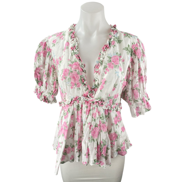 Mable Multicolor Floral Short Puff Sleeve Ruffle V Neck Peplum Blouse Top Size M
