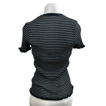 Zara Border Stripe Lettuce Hem Crew Neck Short Sleeve Sweater Tee T-Shirt Top M