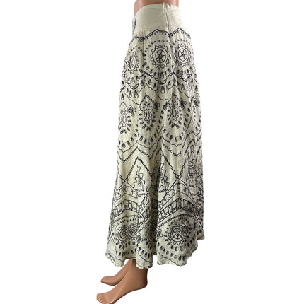 Autograph White Black Linen Floral Scarf Print Boho A Line Midi Skirt Size 10