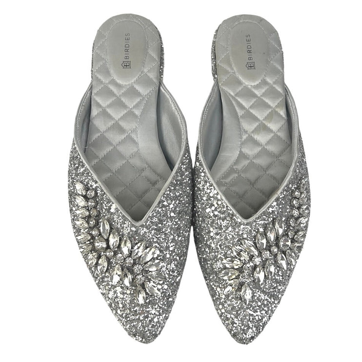 Birdies The Swan Silver Jeweled Rhinestone Sparkle Slip On Slide Sandals Size 9