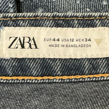 Zara Women's Blue Rhinestone Embellished Straight Wide Leg Denim Jeans Pants 12