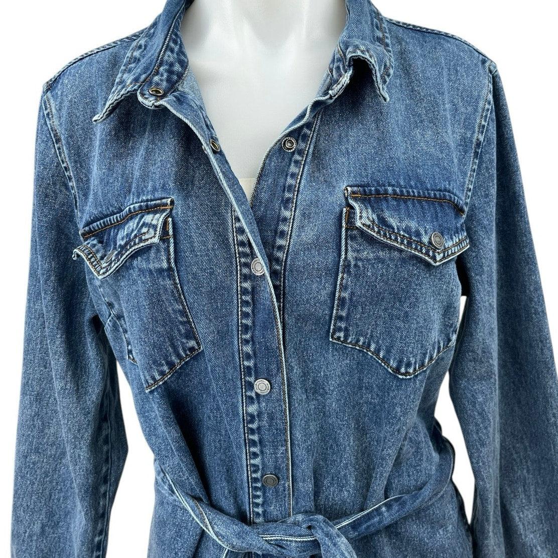 Habitual Blue Denim Button Down Long Sleeve Tie Waist Belted Mini Jean –  Brie