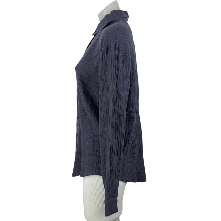Princess Polly Women's Navy Blue Crinkle Long Sleeve Button Down Shirt Top Sz S