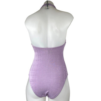 Princess Polly Purple Metallic Knit Halter V-neck Backless Thong Bodysuit Top 2