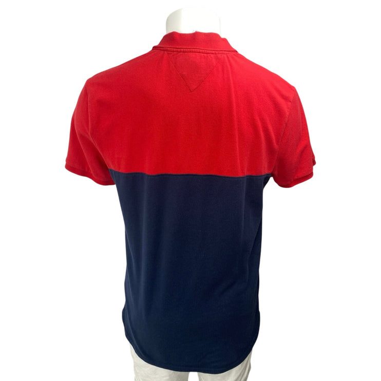 Tommy Hilfiger Men's Blue Red Colorblock Short Sleeve Button Polo Shirt Top Sz L