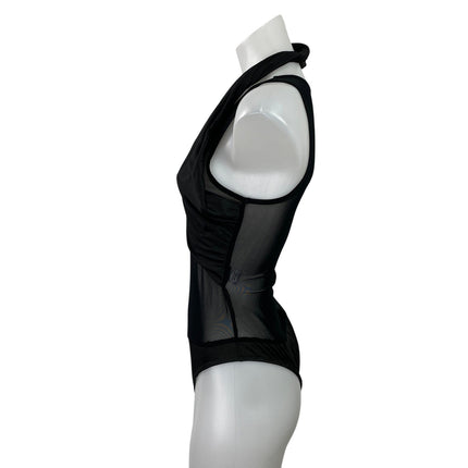 Superdown Women's Black Sleeveless Sheer Mesh Draped Cowl Neck Bodysuit Top Sz S