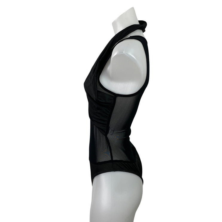 Superdown Women's Black Sleeveless Sheer Mesh Draped Cowl Neck Bodysuit Top Sz S