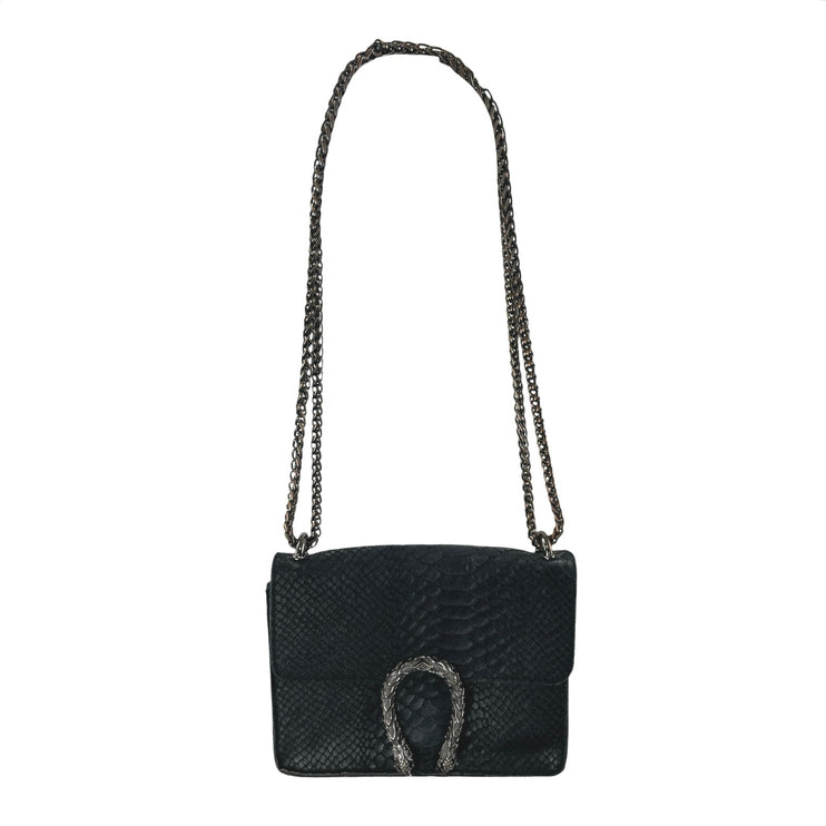 Women's Black Snakeskin Textured Faux Leather Horseshoe Chain Crossbody Bag OS