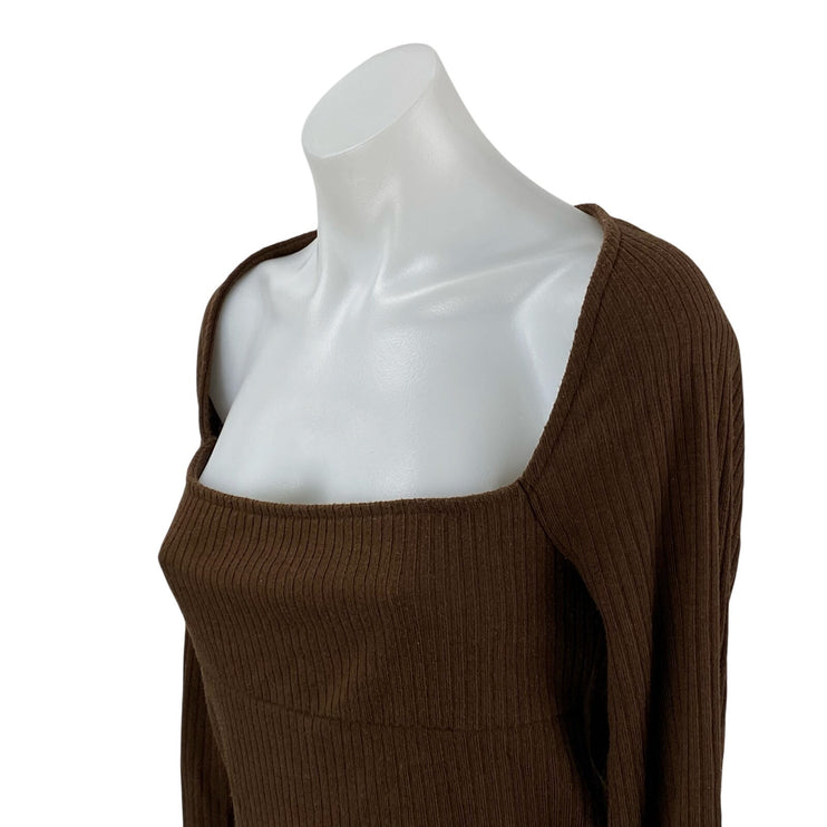 Urban Outfitters Brown Long Sleeve Square Neck Ribbed Knit Sweater Top Size L
