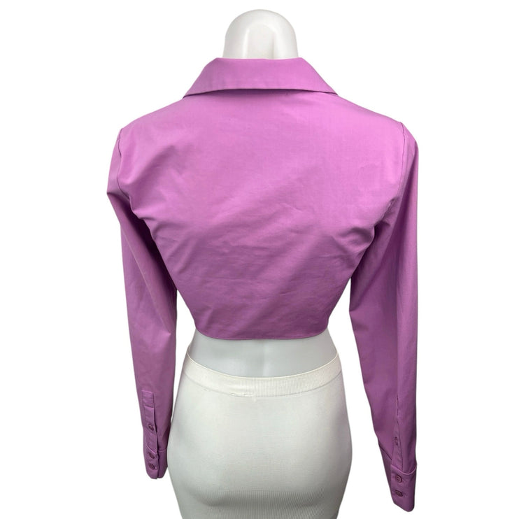 Zara Purple Tie Front Collared Polo V Neck Long Sleeve Crop Shirt Top Size XS