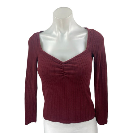 Madewell Maroon Red Rib knit Sweetheart Neck Long Sleeve Slim Sweater Top Sz XS