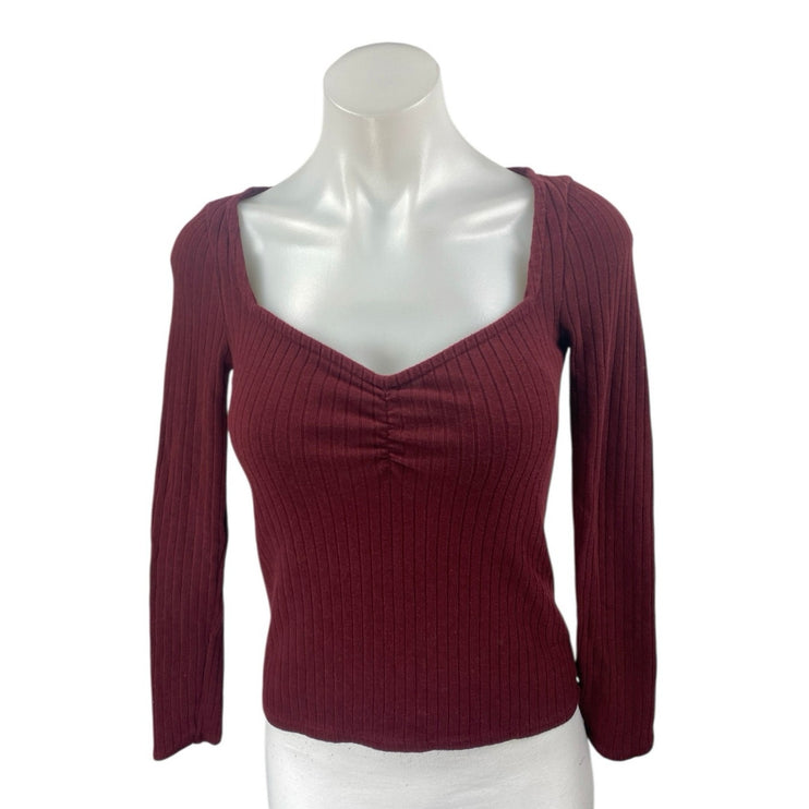 Madewell Maroon Red Rib knit Sweetheart Neck Long Sleeve Slim Sweater Top Sz XS