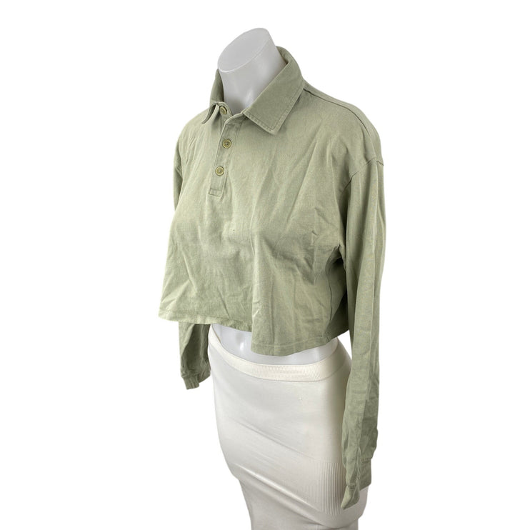 Aritzia Sunday Best Women's Green Long Sleeve Polo Cropped Shirt Top Size S