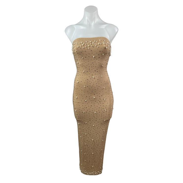 NEW PrettyLittleThing Gold Bandeau Tube Beaded Rhinestone Maxi Bodycon Dress 4